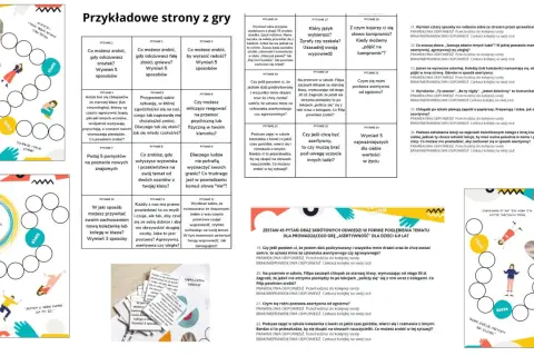Plansza do gry planszowej z pytaniami o samorozwój i asertywność.