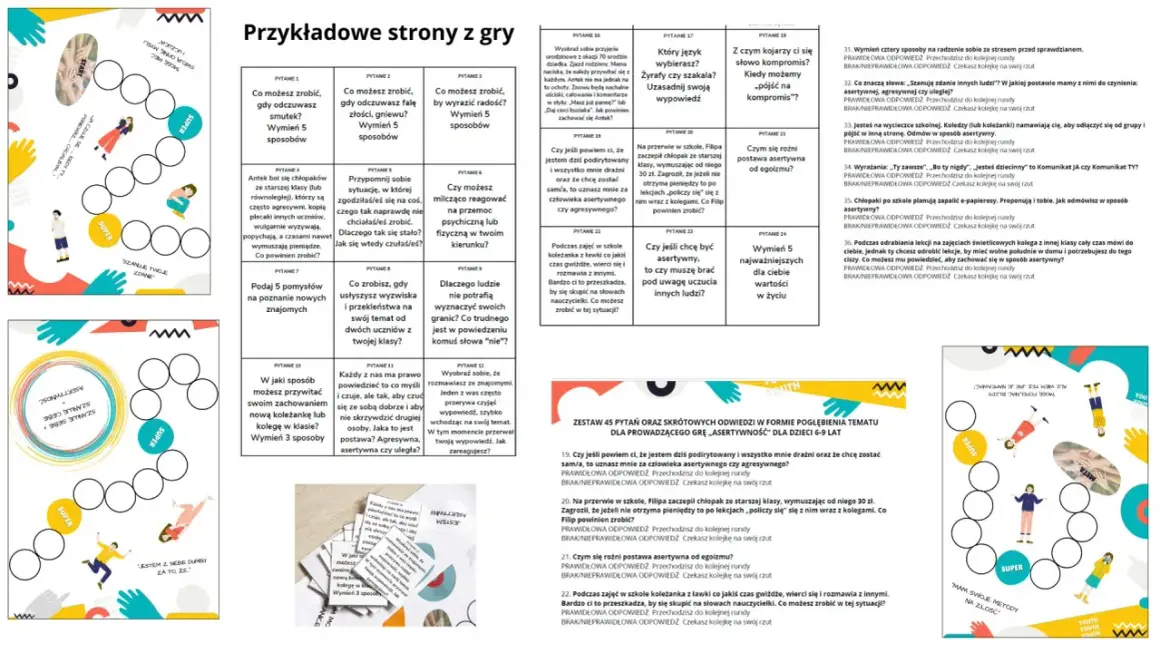 Plansza do gry planszowej z pytaniami o samorozwój i asertywność.