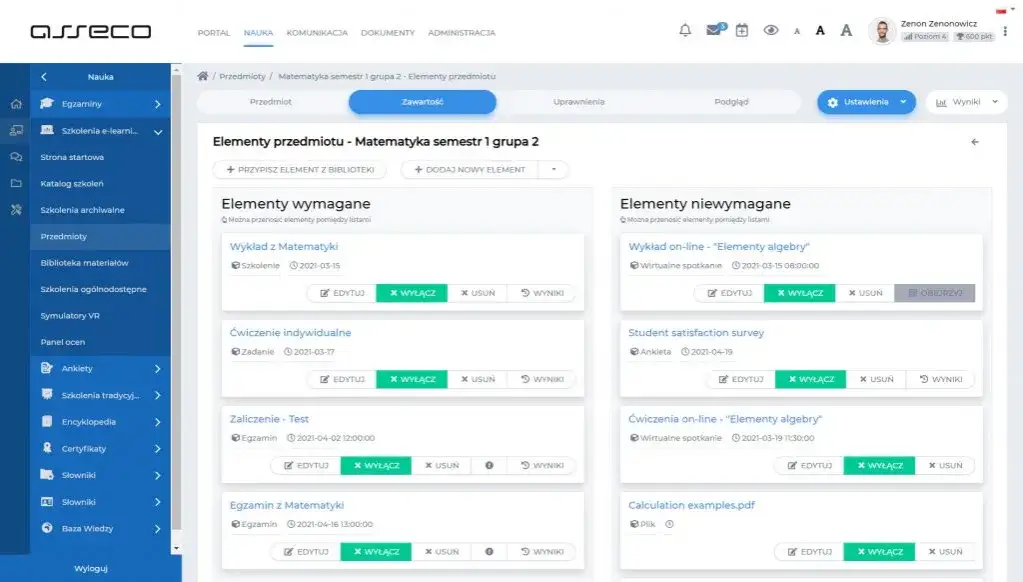 platforma edukacyjna interfejs użytkownika